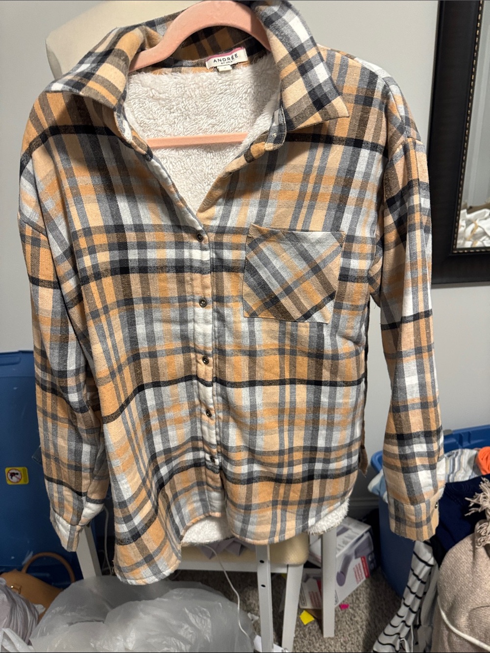 Andree Yellow Gray Cream Plaid Sherpa-Lined Button-Down Shirt